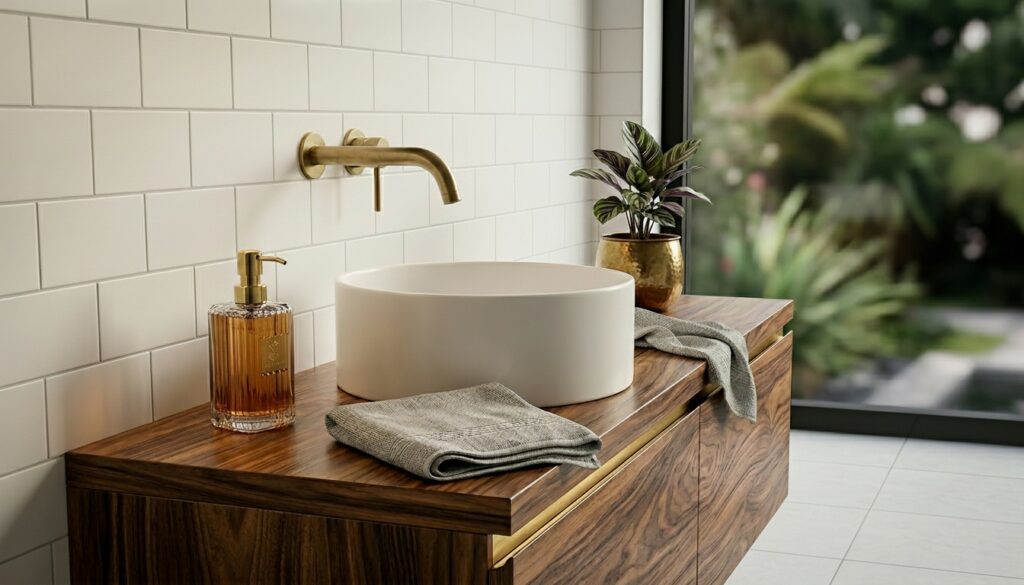 Round basin on a timber vanity