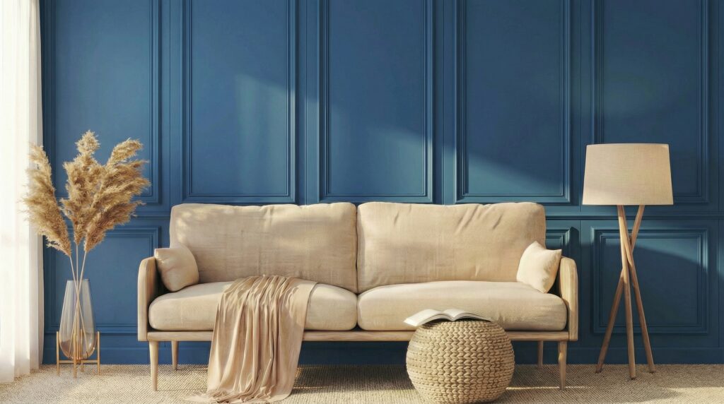 KiTex wall panel in deep blue behind a sofa
