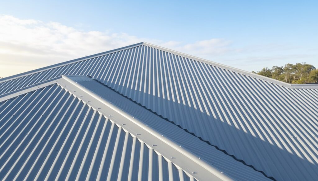 Long-run roofing against a blue sky