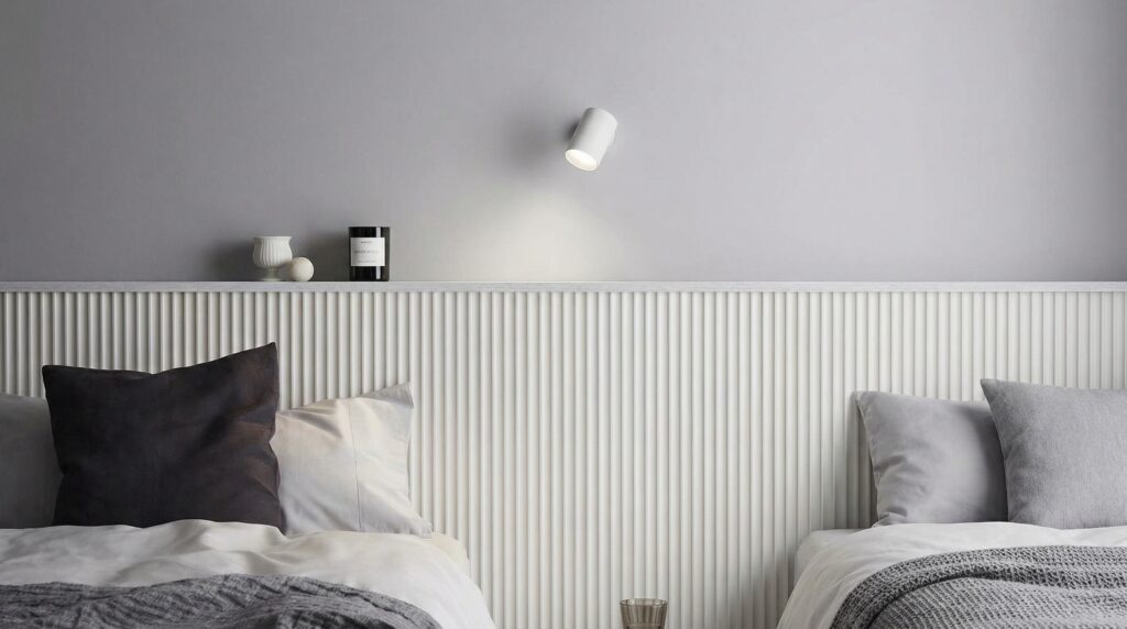 Fluted wall panel behind a bed